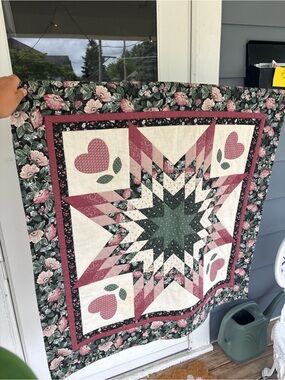 Handmade Floral Star Patchwork Quilt in Pink, Green and Cream